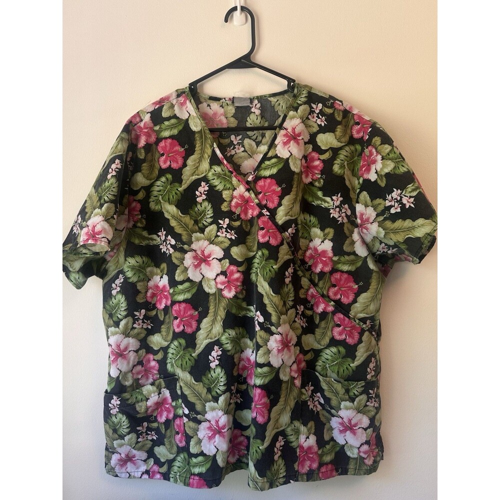Absolute VTG Scrub Top Women’s XL Black Tropical Hibiscus Floral V-Neck Pockets